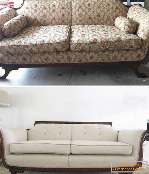 Restaurarea mobilierului tapitat - fotografie din canapea înainte și după