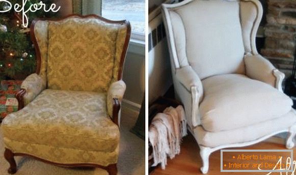 Restaurarea mobilierului tapitat - fotografie de fotoliu înainte și după reparații