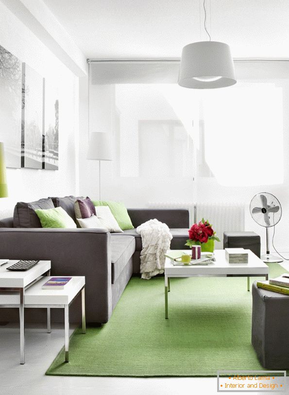 Interiorul livingului cu accente verzi verzi