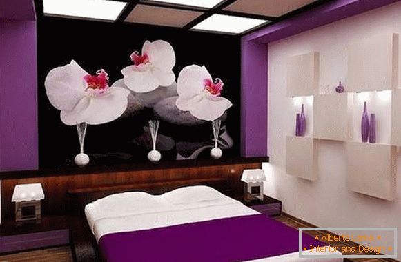 Culoare violet violet și tapet în designul dormitorului