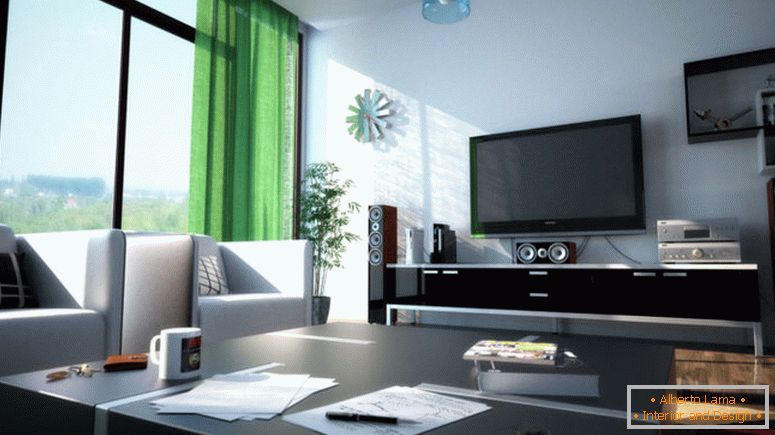 Fermecatoare-interior-modern-verde-tema-de-perdele-la-modern-living-room