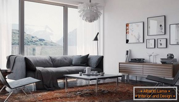 În stil scandinav în living-cameră de apartament