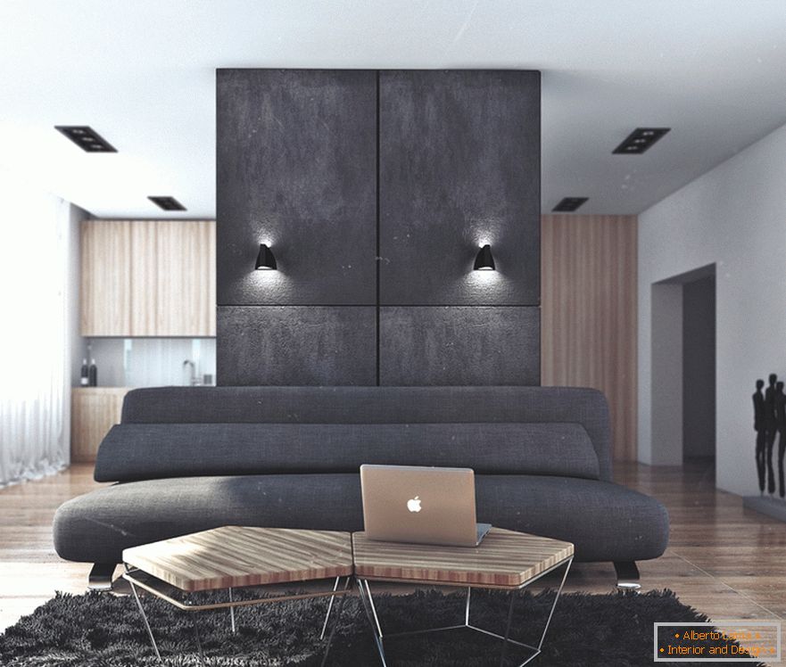 Combinația de lemn negru și lemn în camera de zi într-un apartament pentru un burlac de succes în Rusia