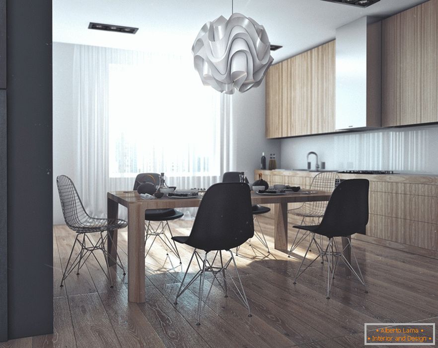 Decorarea din lemn a unei sali de mese într-un apartament pentru un burlac de succes în Rusia