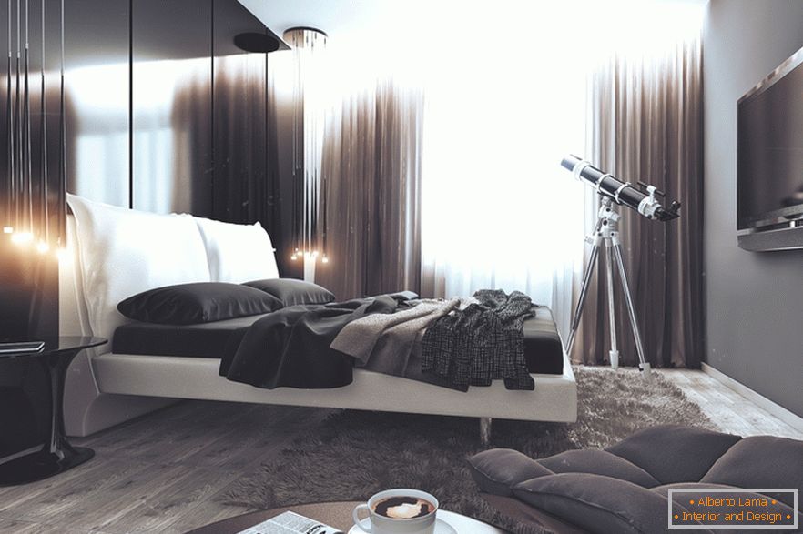 Dormitor în alb și negru într-un apartament pentru un burlac de succes în Rusia