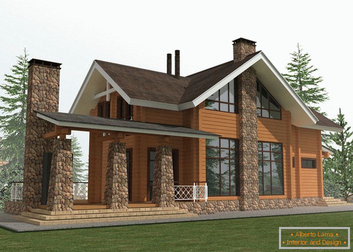Proiectul de design al unei case de țară în stilul unei cabane se bazează pe utilizarea pentru construirea unui cadru din lemn și a pietrei naturale.