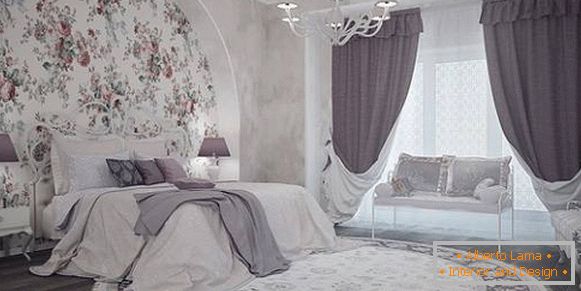 Perdele moderne de liliac în dormitor - fotografie în interior
