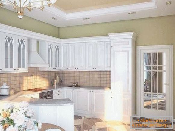 Interiorul unei bucătării mici într-o casă privată - bucătărie albă într-un stil clasic