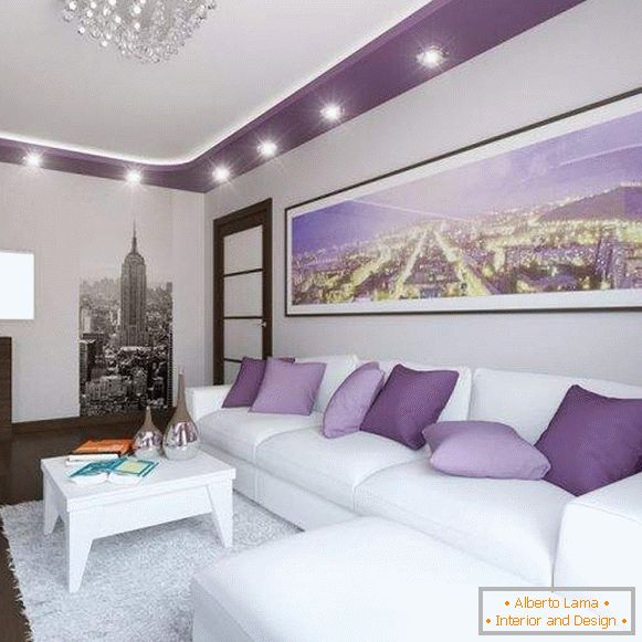 Designul modern al holului din apartament в белом и фиолетовом цвете