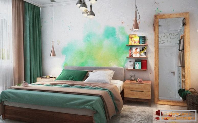 dormitor-verde-acuarelă-wall-art-rafturilor-mare-oglindă