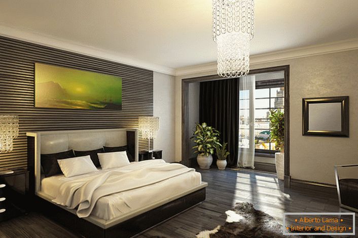 Chic și luxul unui dormitor elegant în stilul Art Deco. Contrastul clasic alb și negru este ideal pentru această direcție stilistică. 