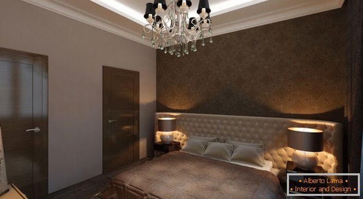 Dormitor în stil Art Deco cu iluminarea potrivită. Lumina amăgită creează o atmosferă de intimitate și romantism în cameră.