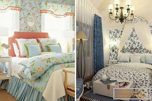 Perdele în stilul Provence pentru dormitor - fotografie în combinație cu tapet