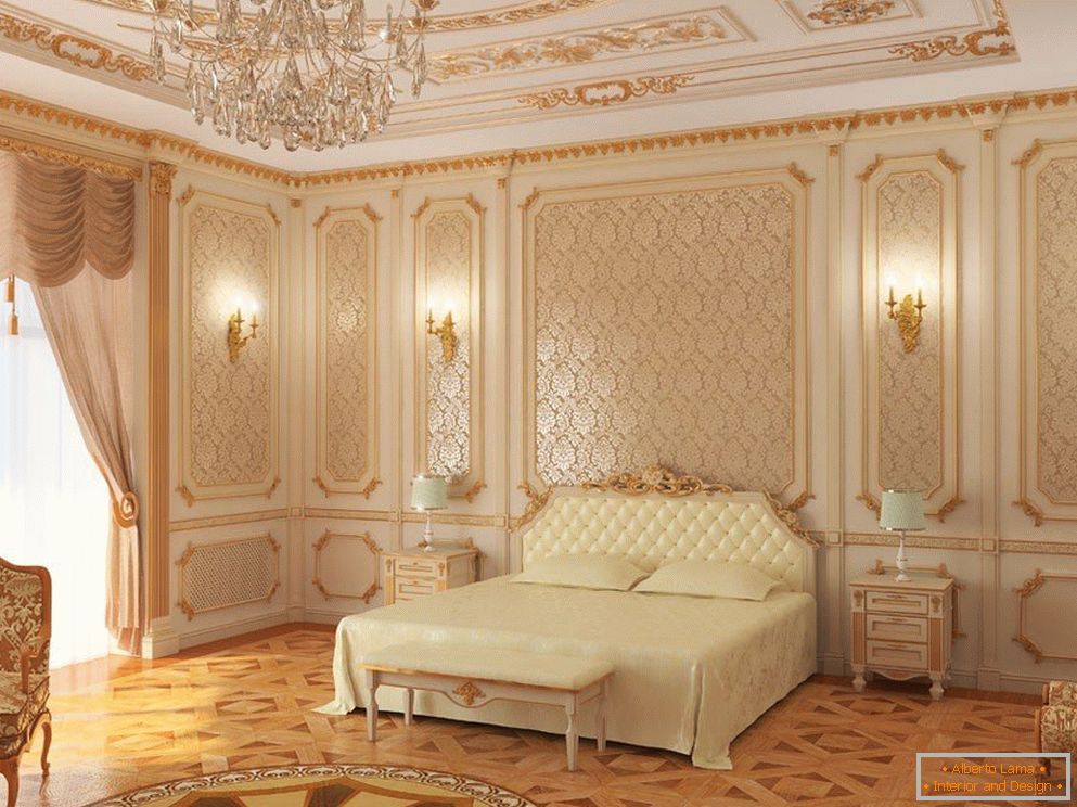 Tavan alb și pereți dormitor cu modele de aur