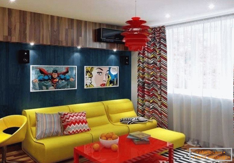 Combinația de mobilier galben și roșu în cameră