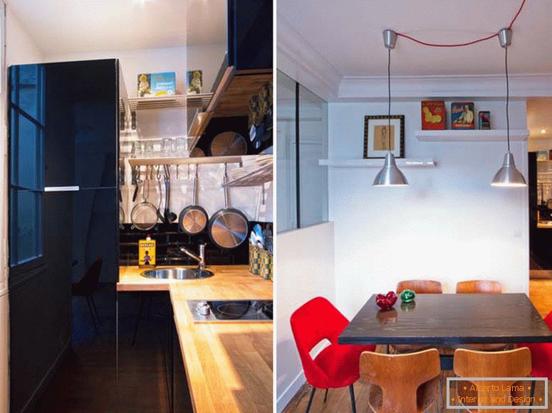 Bucătărie și sală de mese a unui mic studio în Paris