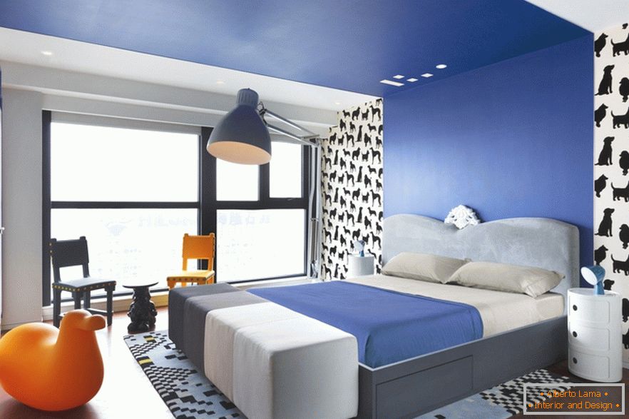 Dormitor albastru al unui apartament studio elegant din Beijing