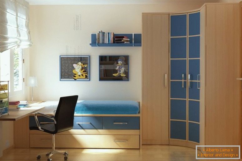 frumos-accent-moderne-mici-dormitoare-perete-culori-oferind-un singur pat, care-a-depozitare-sertare-conectat cu-colț curbat-lemn-dulap