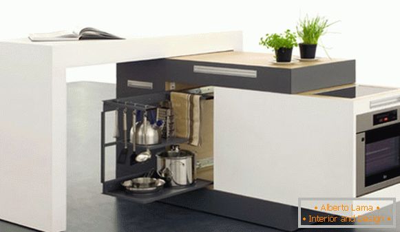 Interiorul unei bucătării foarte mici: un set de bucătării mobil