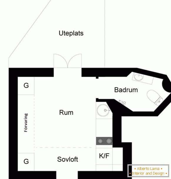 Schema unui mic apartament studio din Suedia