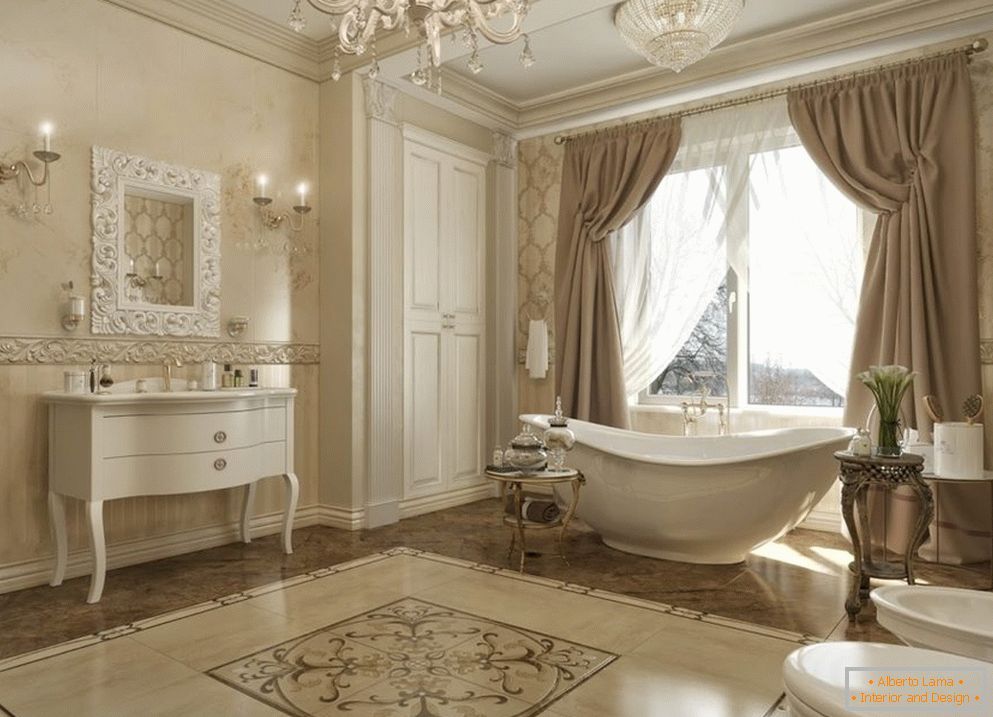 Fereastră cu perdele în baie în stil clasic