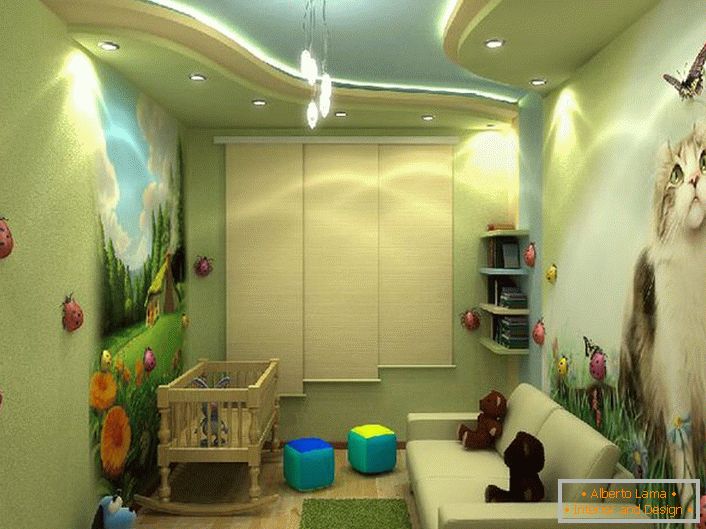 Designul strălucitor al unei camere pentru copii cu desene colorate, cum ar fi un băiat și o fată. 