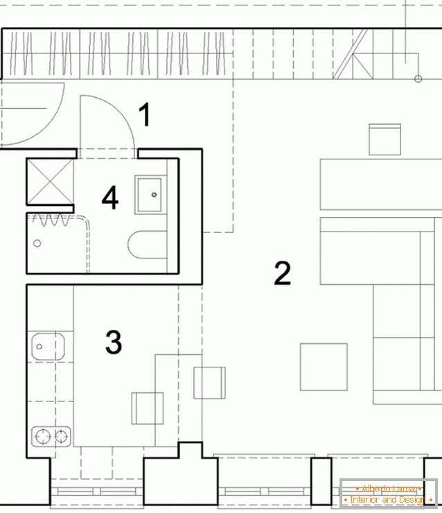 Amenajarea primului nivel al unui apartament studio cu două etaje din Polonia