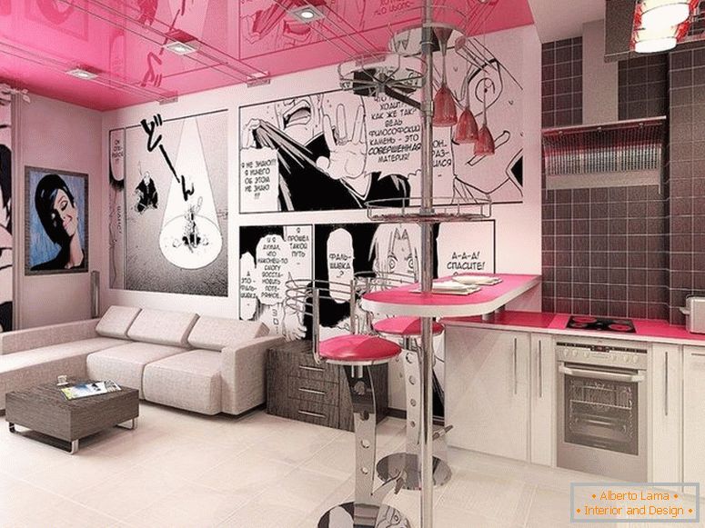 Tavan roz în interior, în stilul artei pop