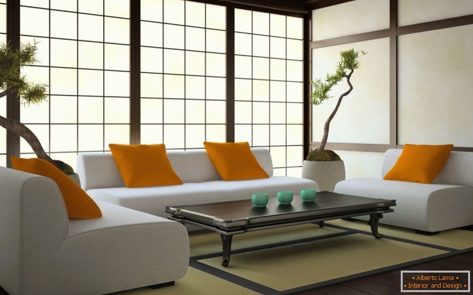 Camera de zi în stil japonez со светлыми стенами и темным полом