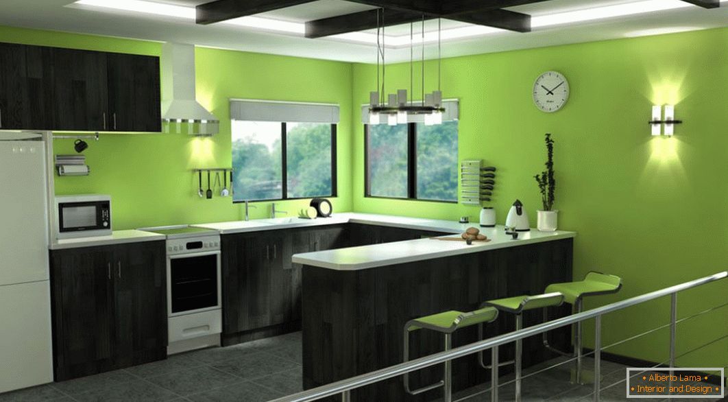 Bucătărie verde cu mobilier negru