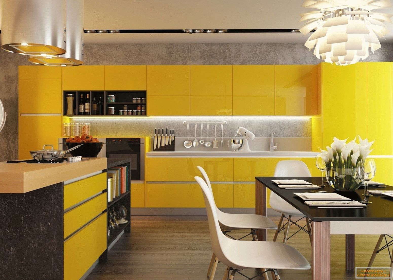 bucătărie с желтыми фасадами и черным столом