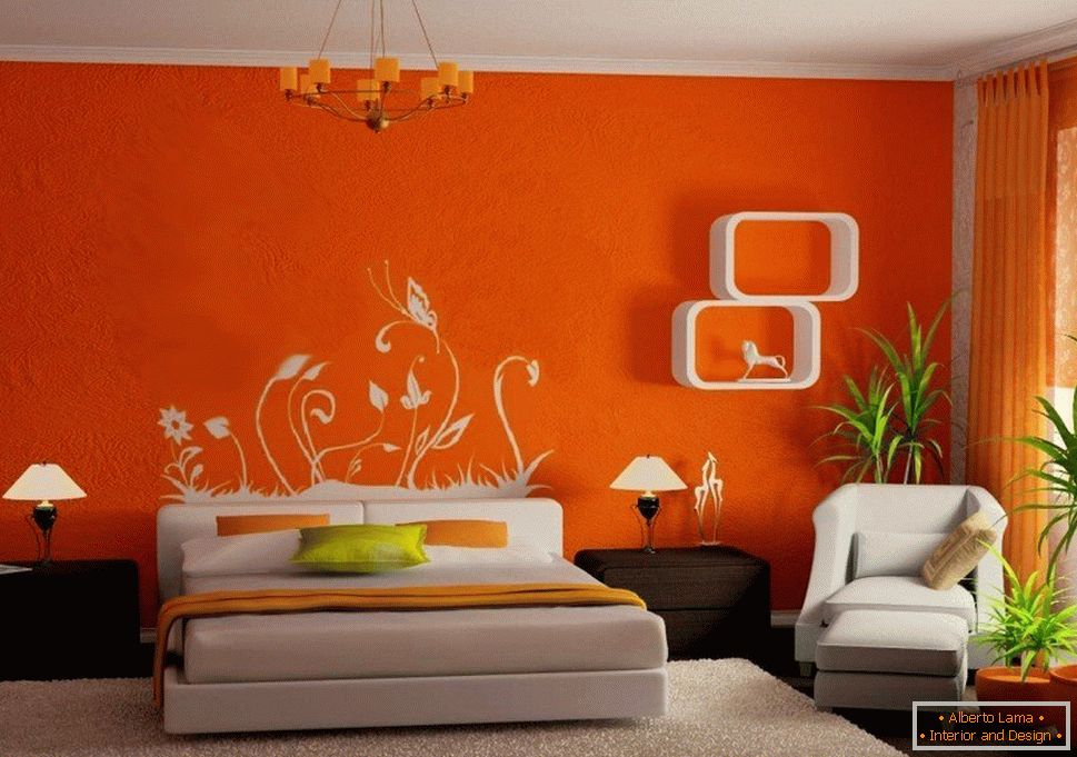 Combinația dintre pereții portocalii și mobilierul alb